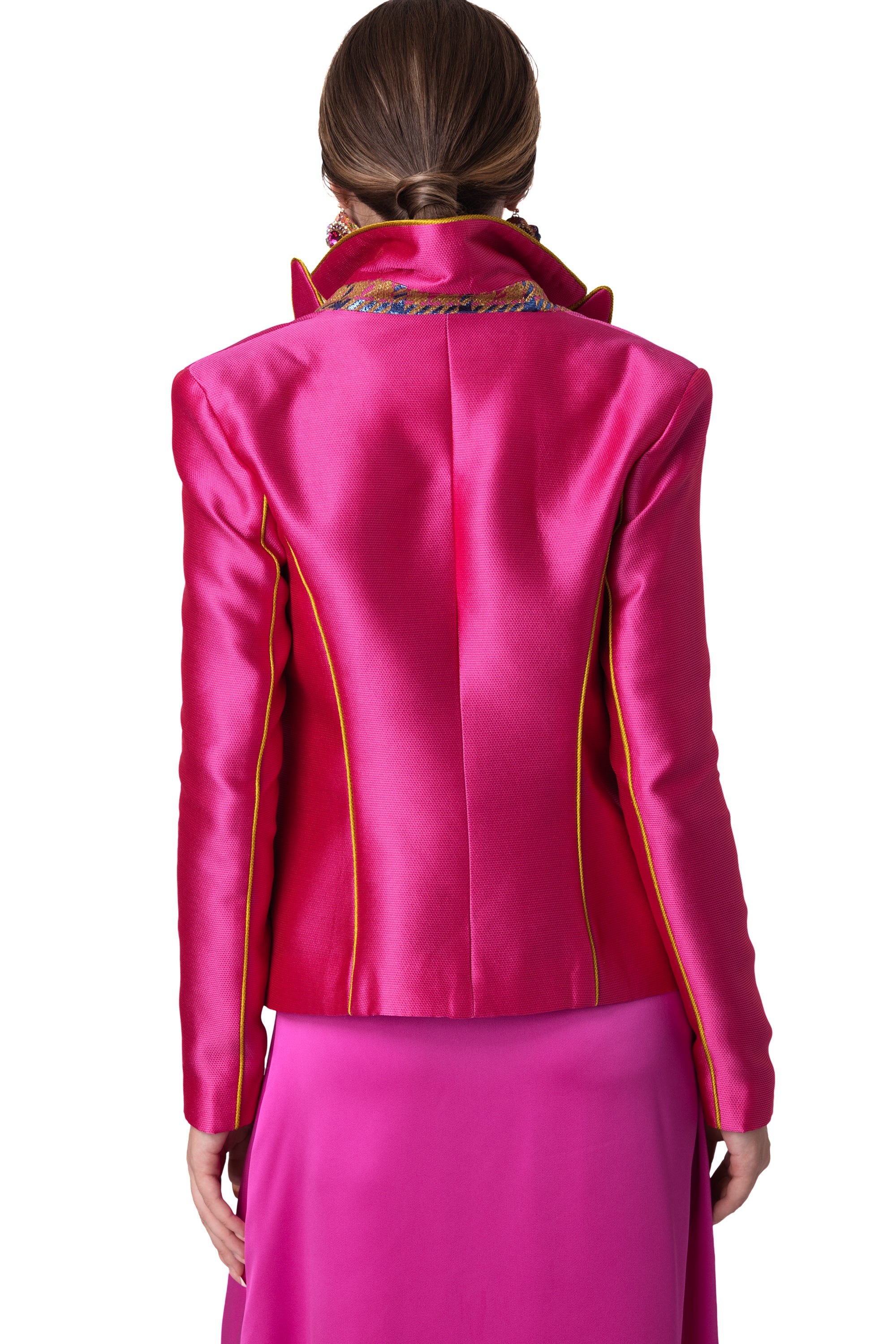 Sporty-Elegant Cyclamen Blazer with Gold Lapel Accent
