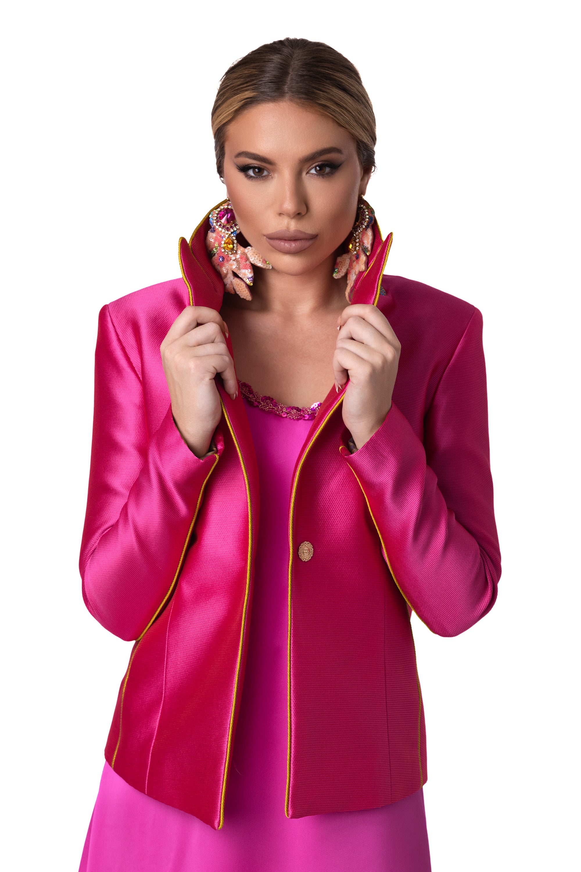 Sporty-Elegant Cyclamen Blazer with Gold Lapel Accent