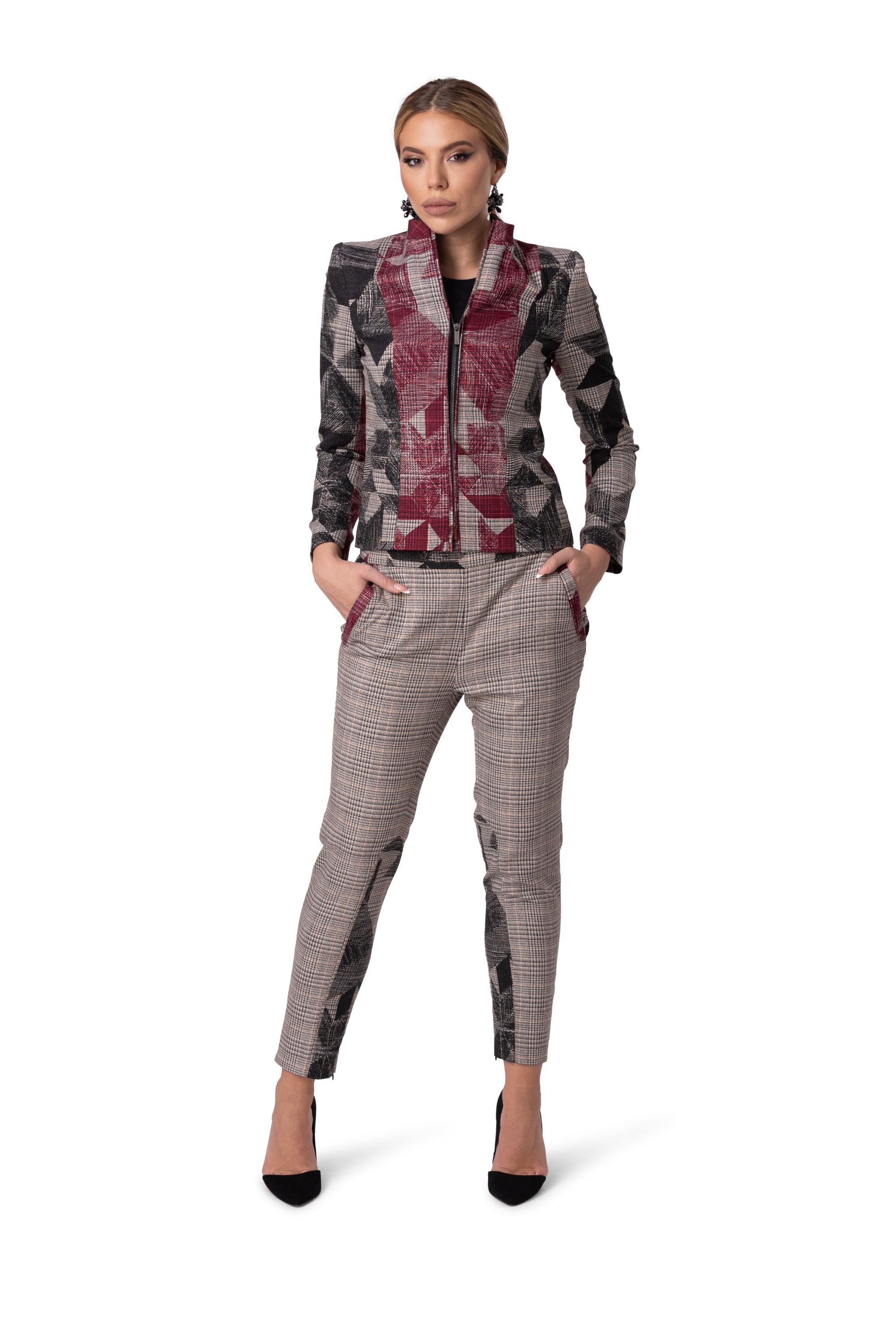Sporty-Elegant Plaid Jacket with Velvet Texture