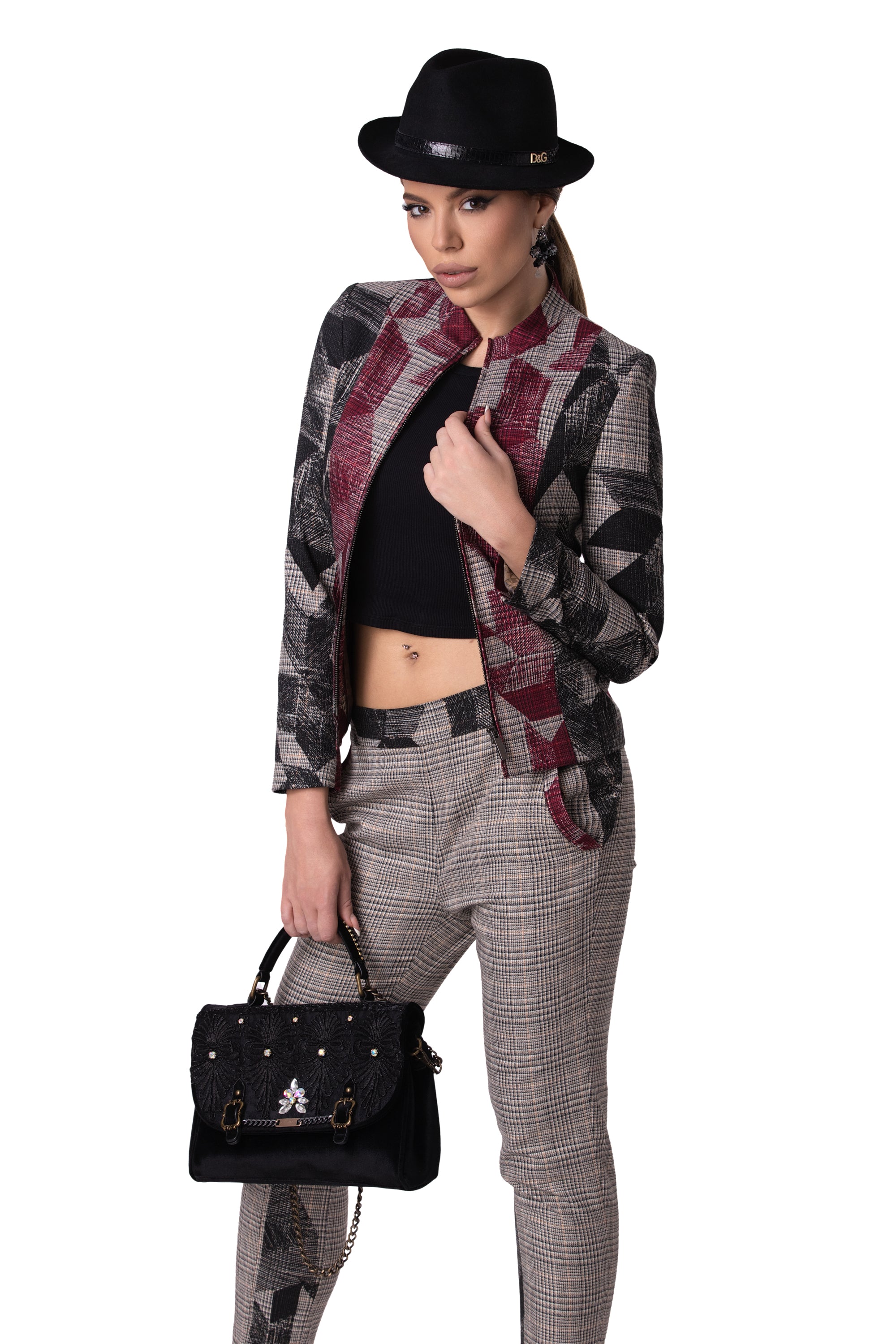 Sporty-Elegant Plaid Jacket with Velvet Texture