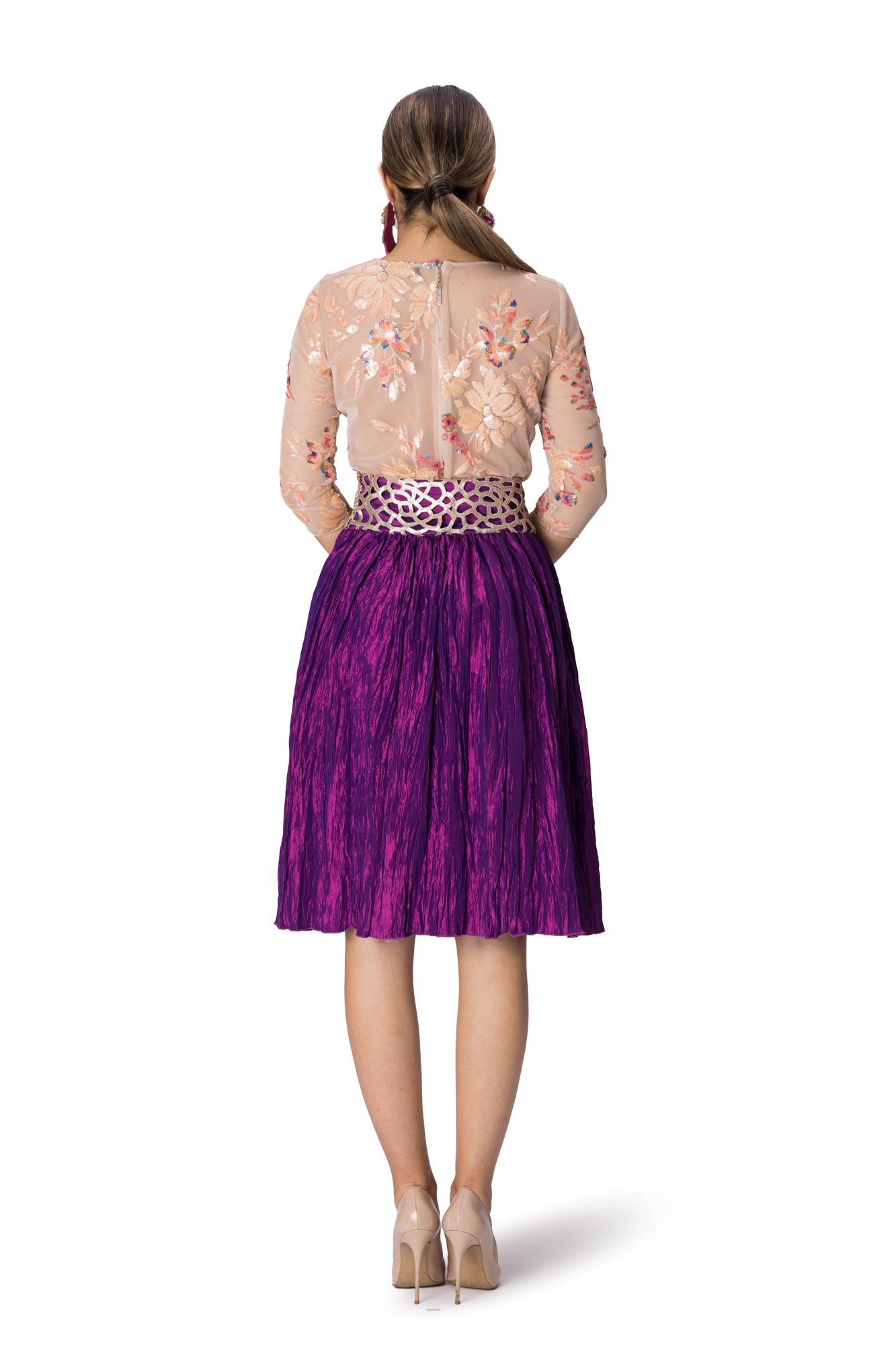 Unlined tulle blouse with floral sequin elements