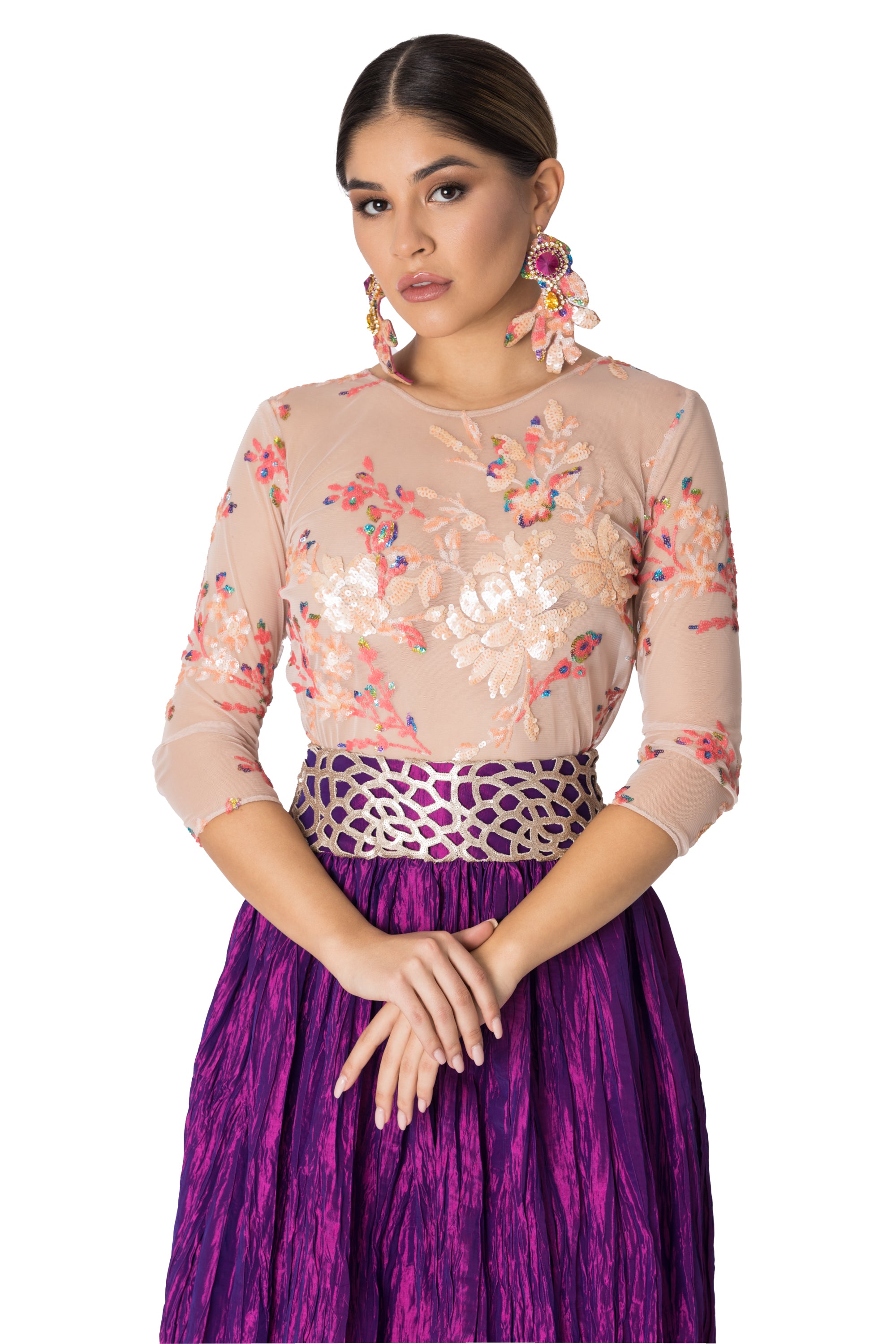 Unlined tulle blouse with floral sequin elements