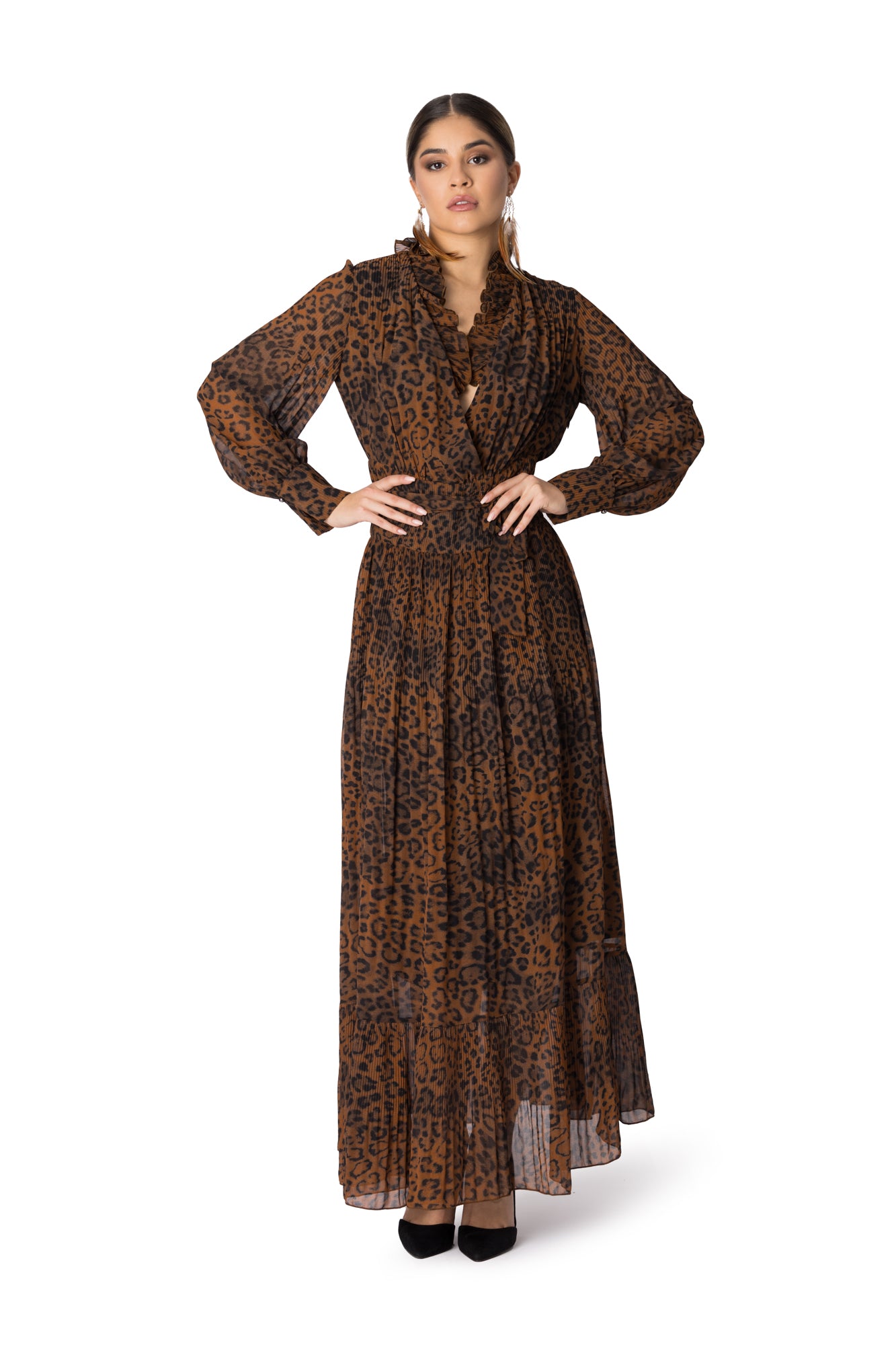 Long sleeve leopard pleated dress