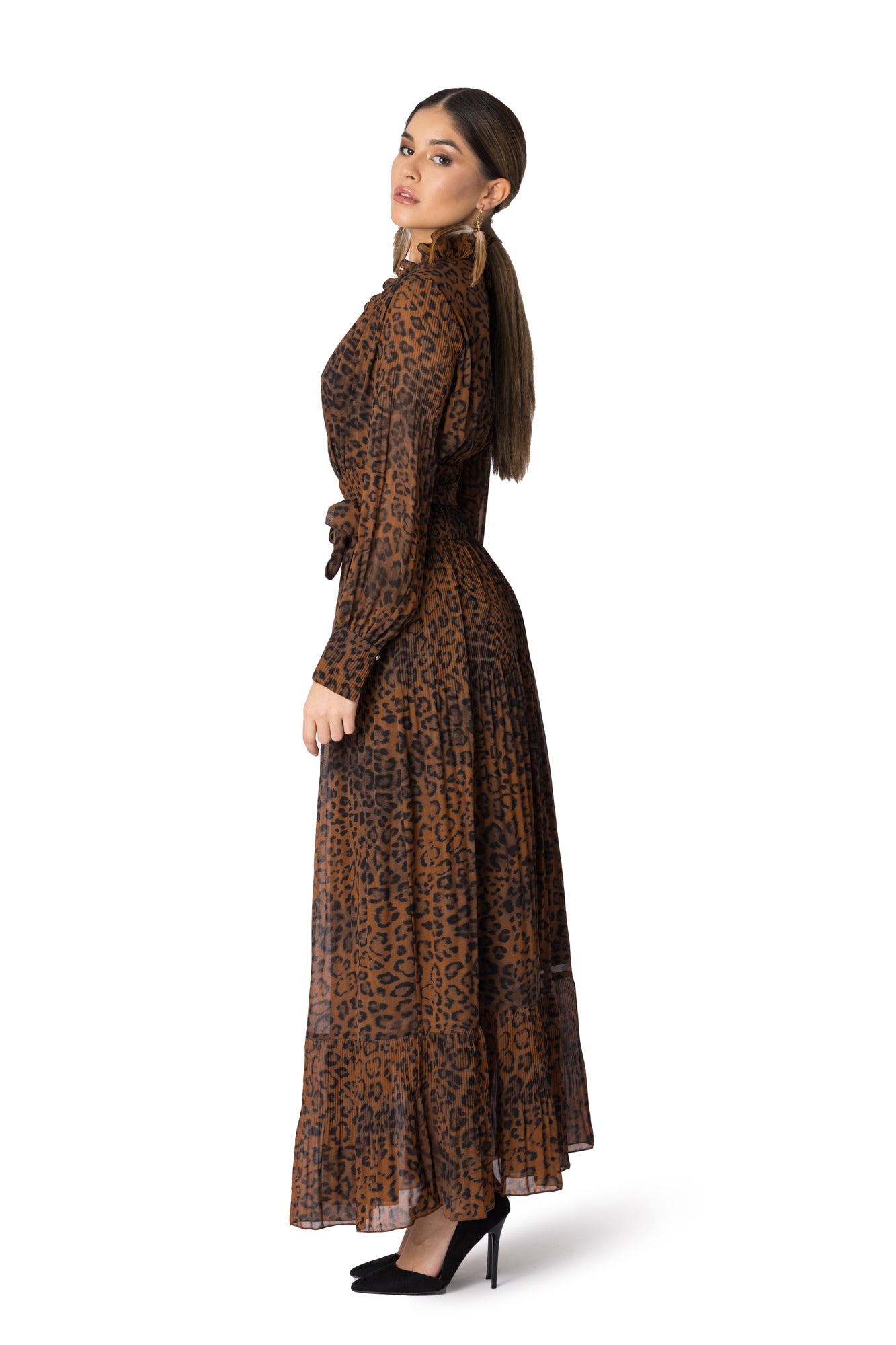 Long sleeve leopard pleated dress