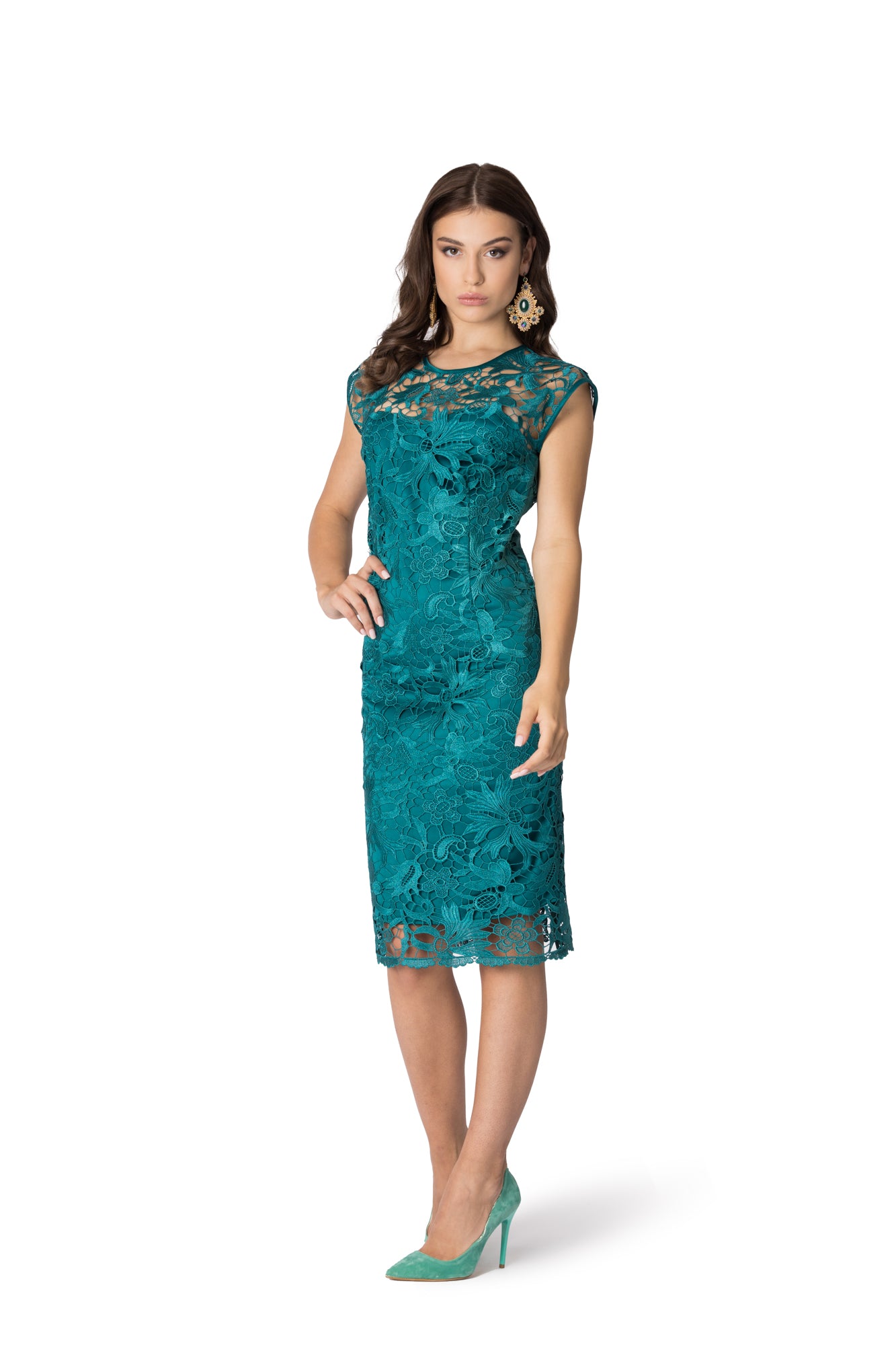 Elegant emerald Brussels lace dress