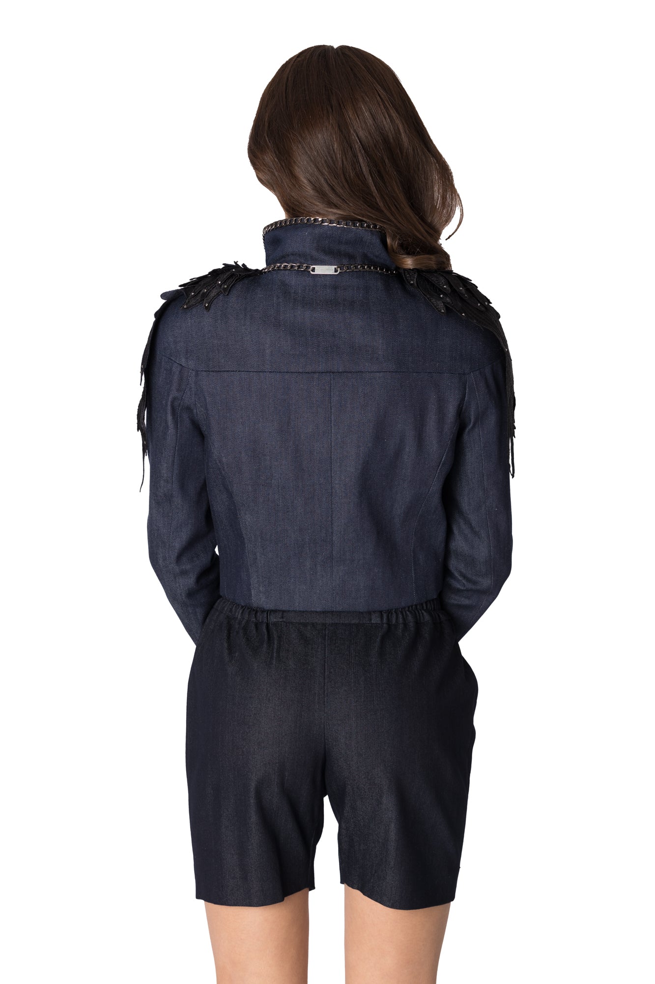 Denim jacket with decorated lace wings and crystals
