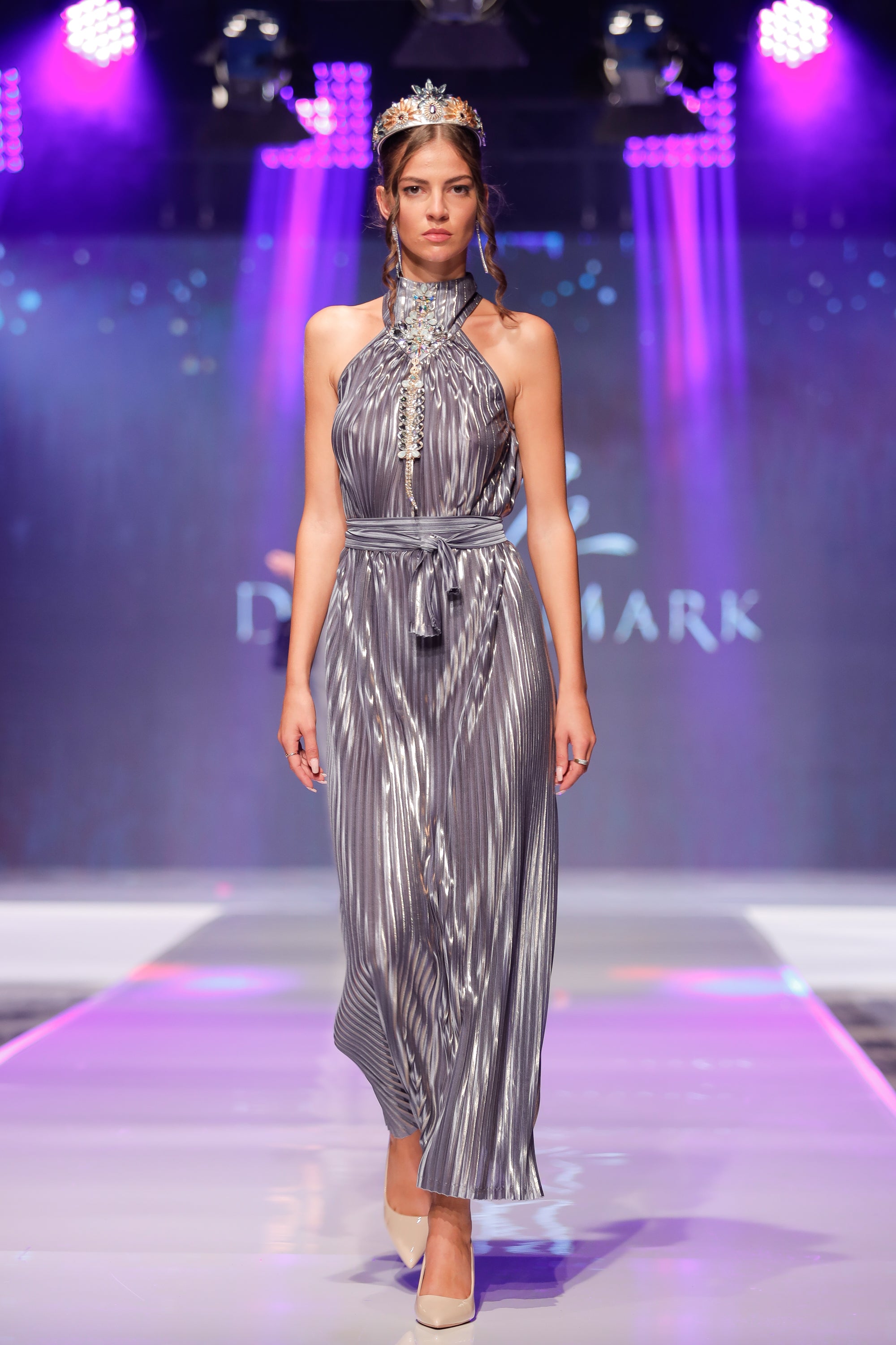 Limited Edition Sky-Blue Pleated Dress with Golden Sheen