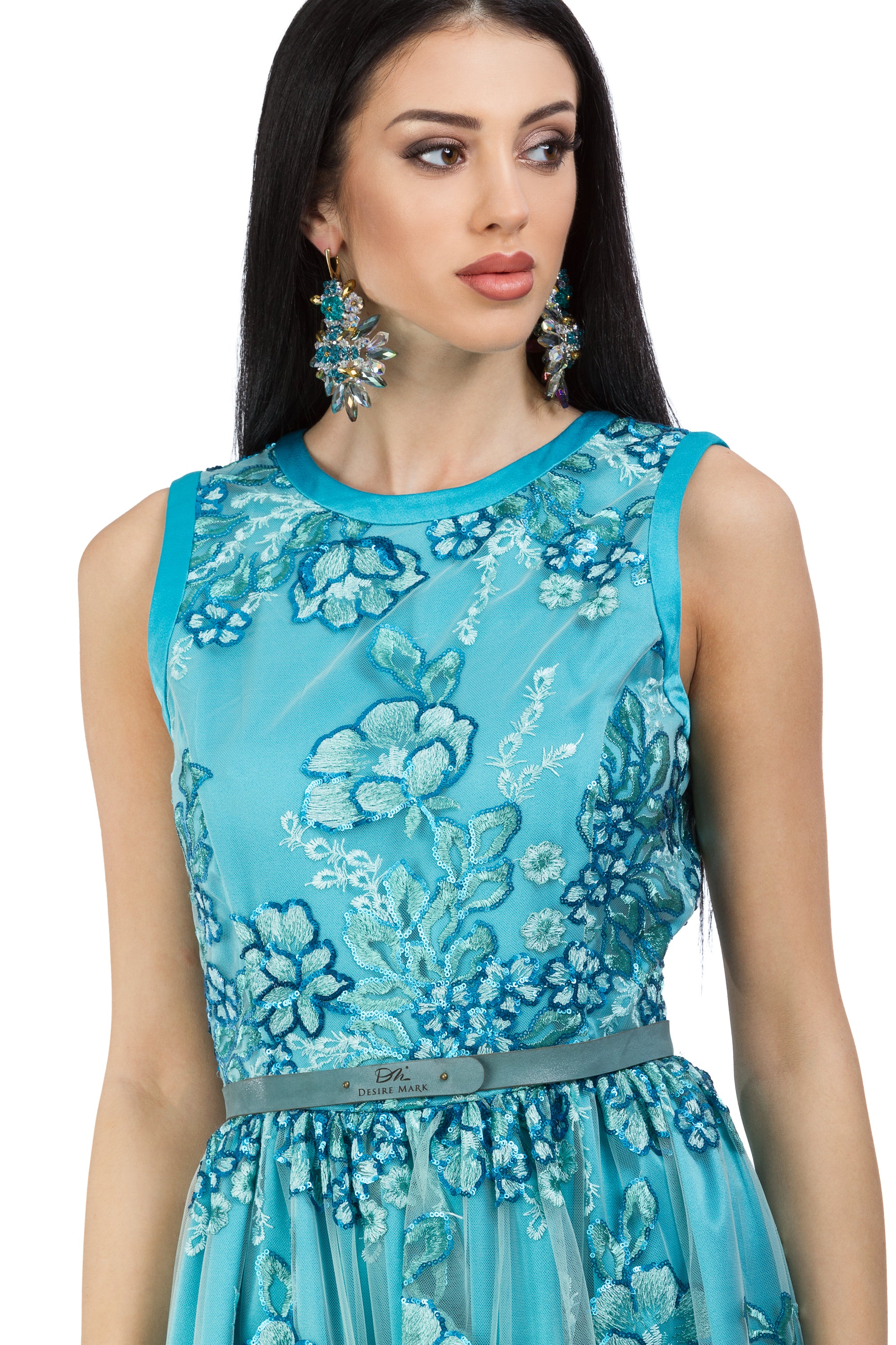 Sky blue lace dress with floral sequin elements