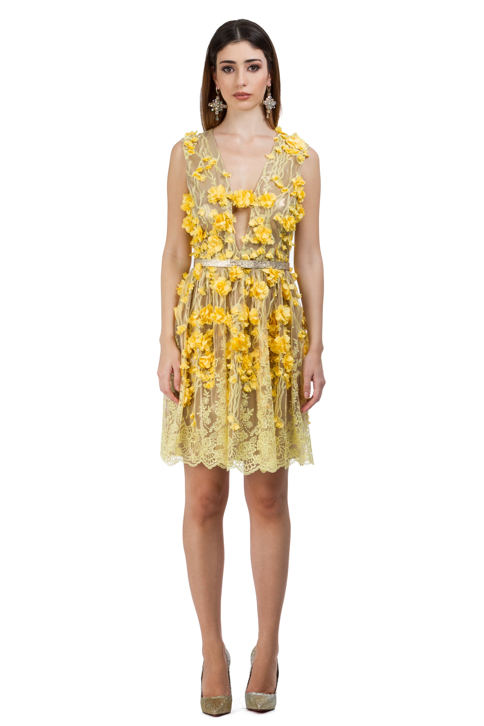 Yellow dress with 3D floral elements