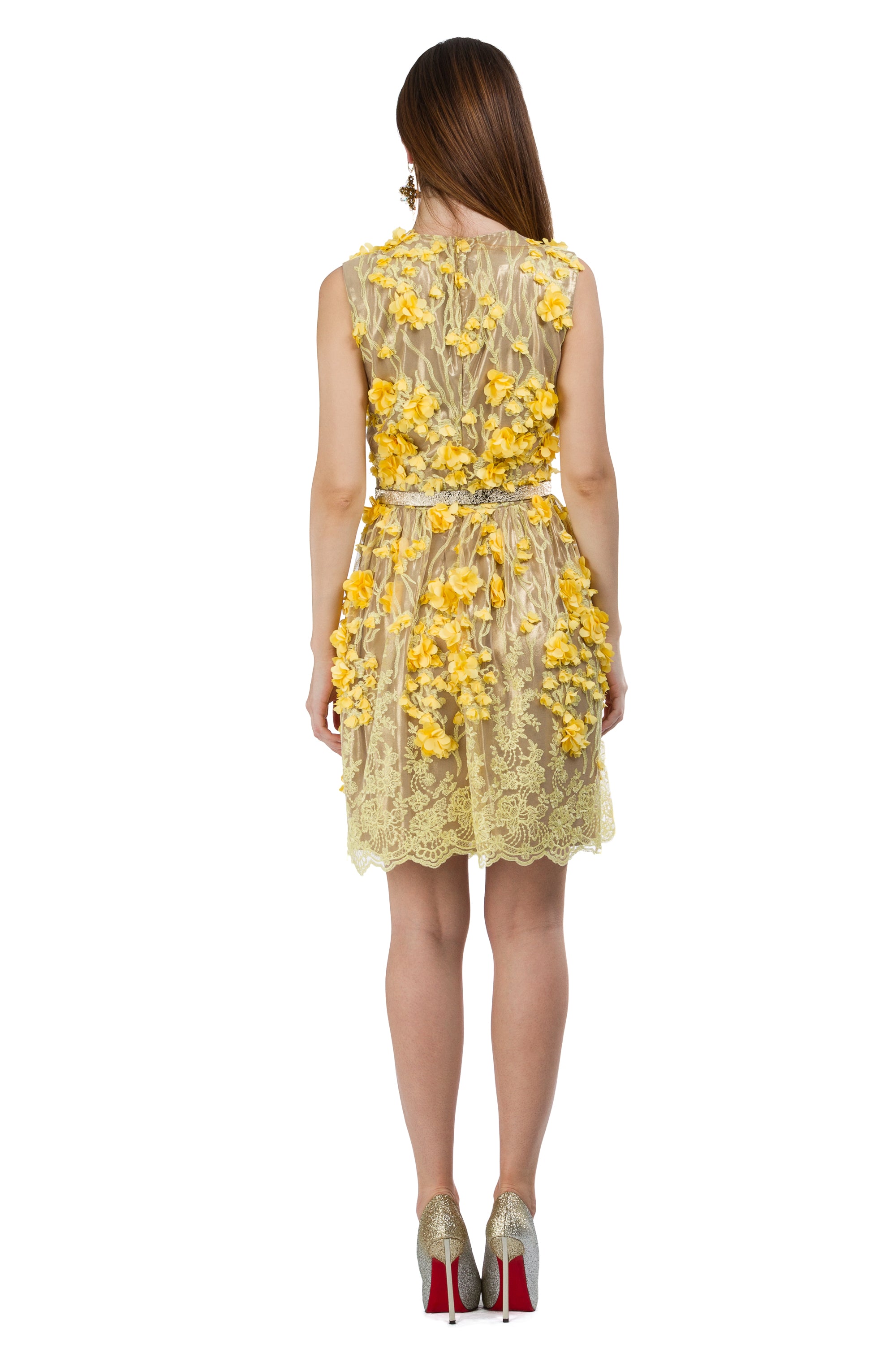 Yellow dress with 3D floral elements
