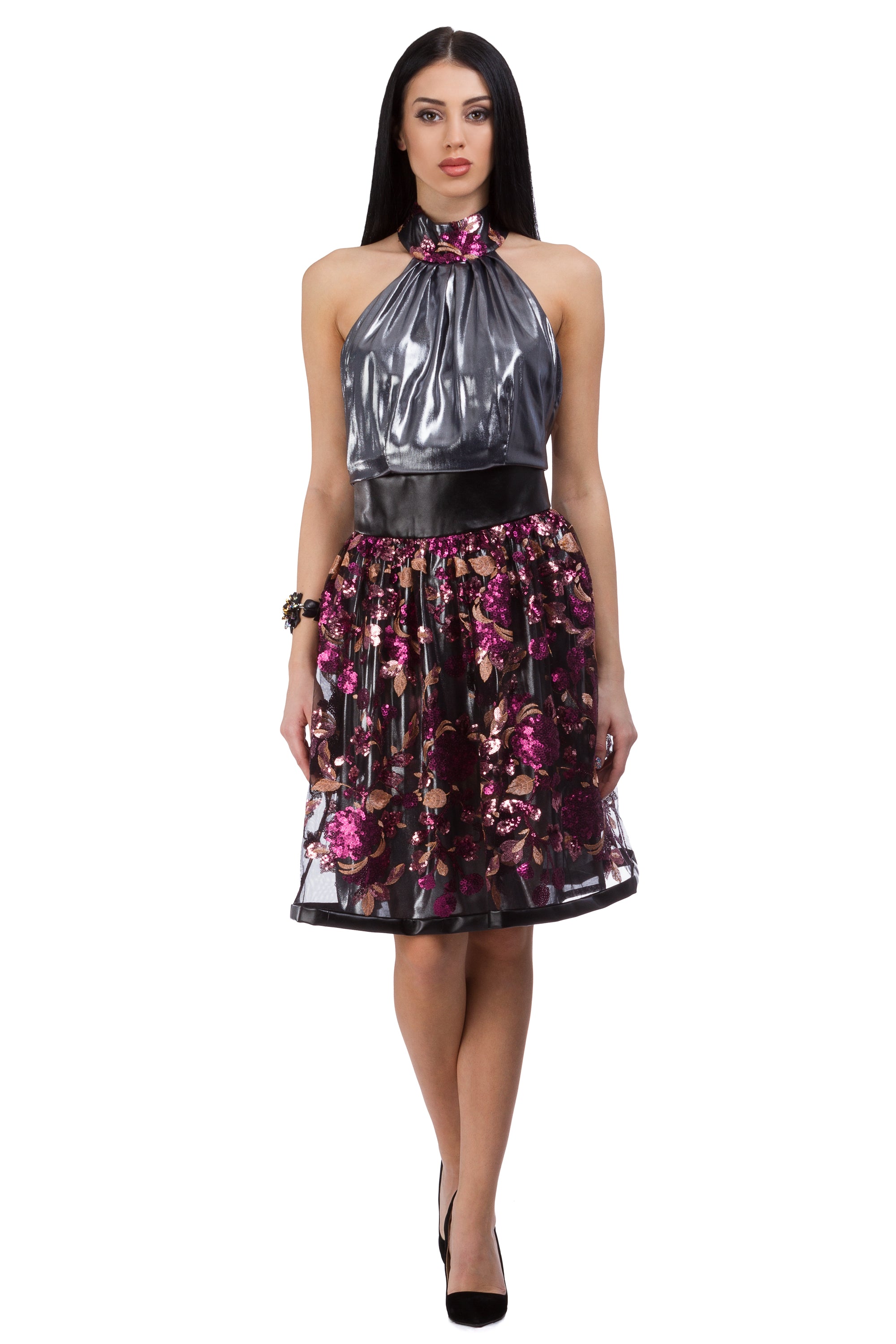 Lace open back dress with floral sequin elements in black, graphite and lilac
