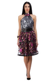 Lace open back dress with floral sequin elements in black, graphite and lilac