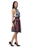 Lace open back dress with floral sequin elements in black, graphite and lilac
