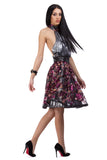 Lace open back dress with floral sequin elements in black, graphite and lilac