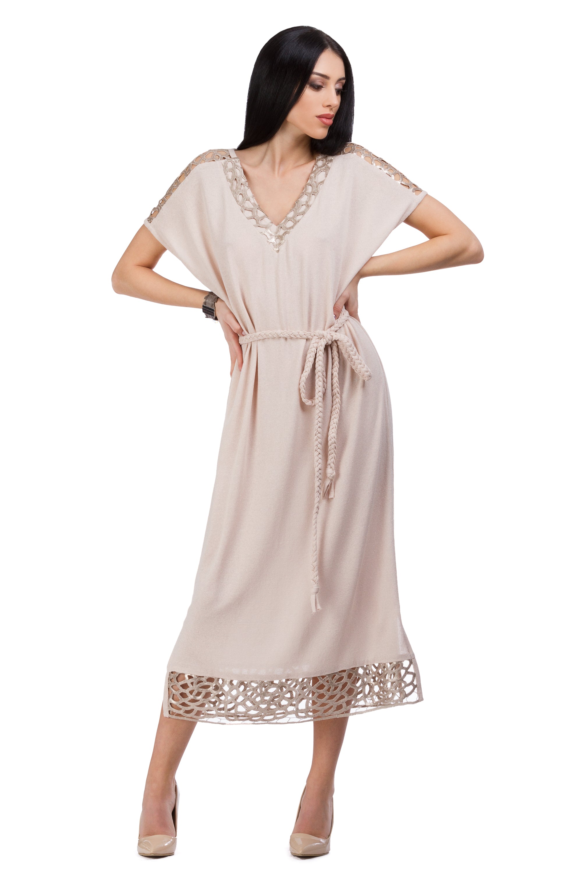 Mocha color dress with golden-copper thread