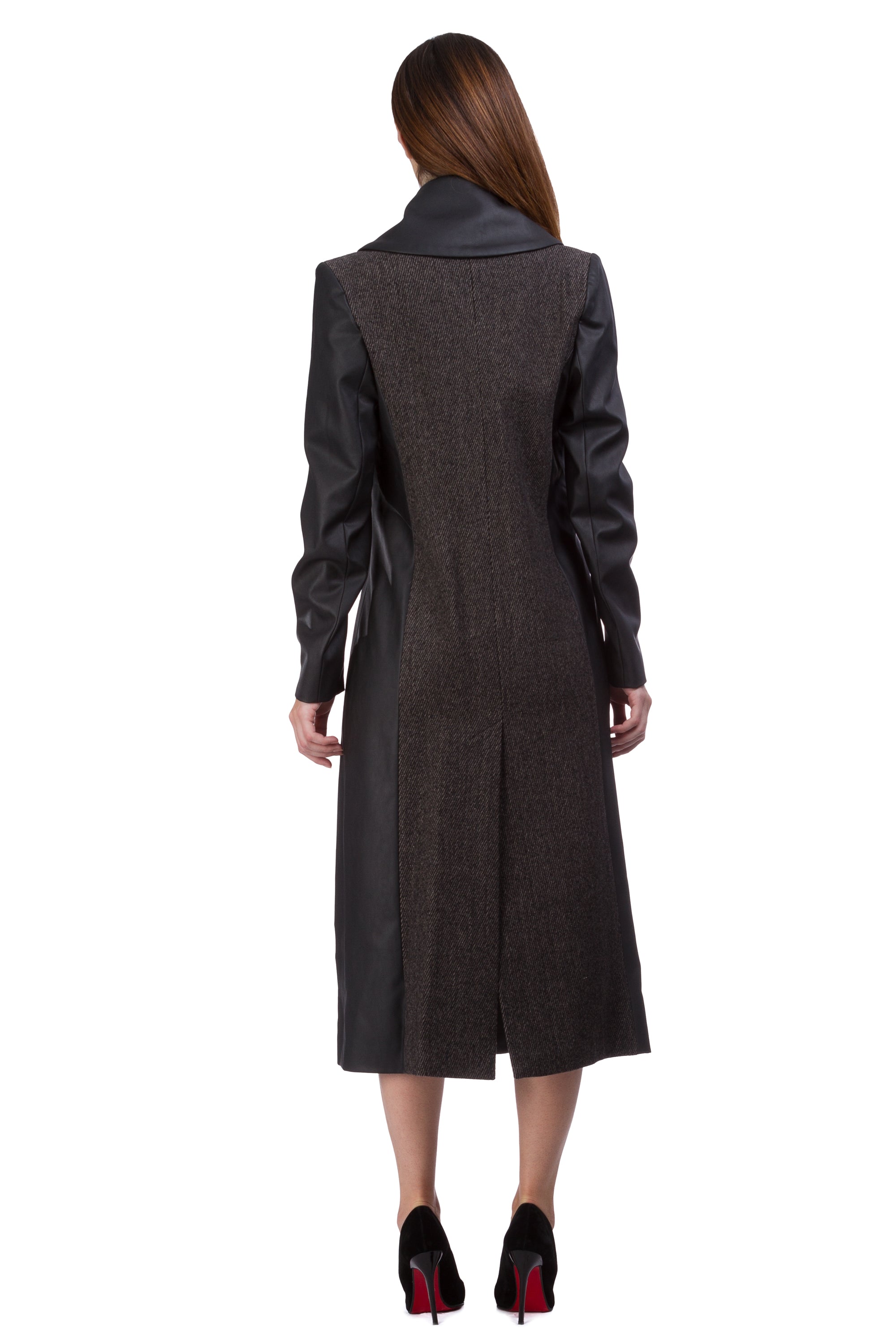 Brown and black long wool coat with side fastening