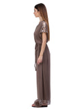 Cappuccino color dress with silver-golden thread