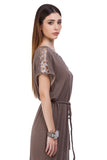 Cappuccino color dress with silver-golden thread