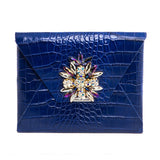 Blue Leather Clutch Handbag with Crystals