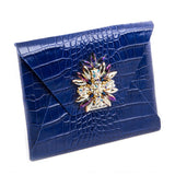 Blue Leather Clutch Handbag with Crystals