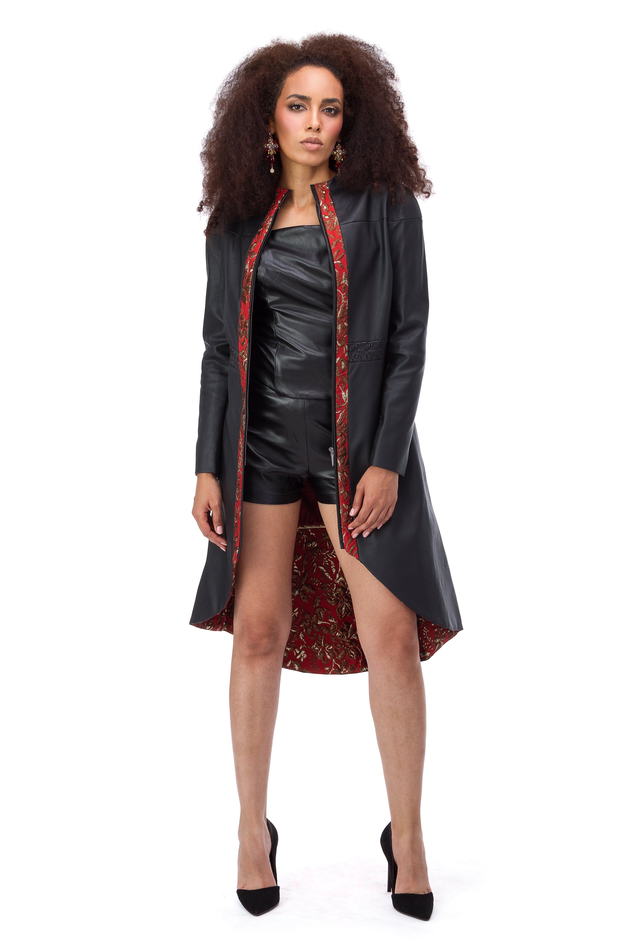 Black eco-leather coat with red jacquard elements