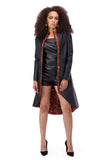 Black eco-leather coat with red jacquard elements
