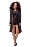 Black eco-leather coat with red jacquard elements