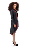 Black eco-leather coat with red jacquard elements