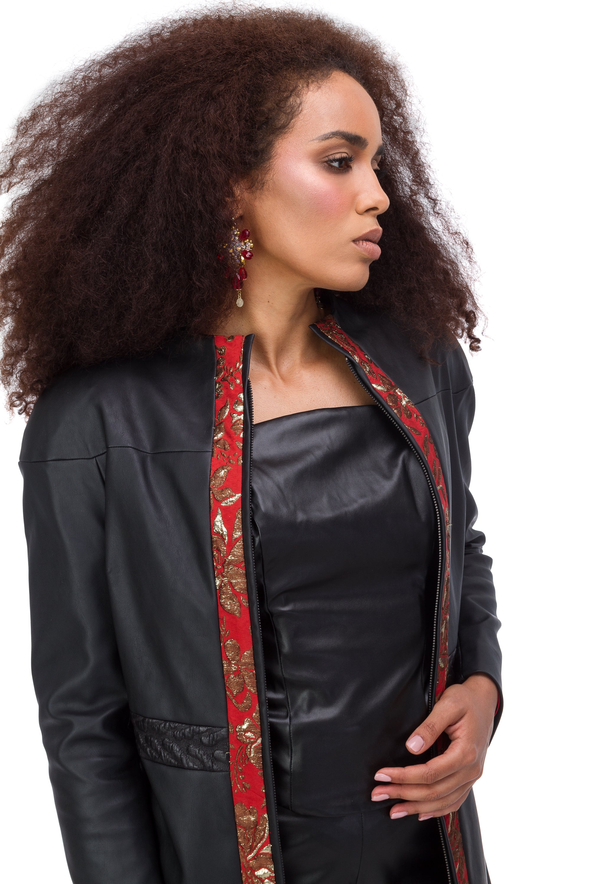 Black eco-leather coat with red jacquard elements