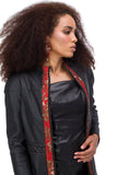 Black eco-leather coat with red jacquard elements