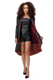 Black eco-leather coat with red jacquard elements