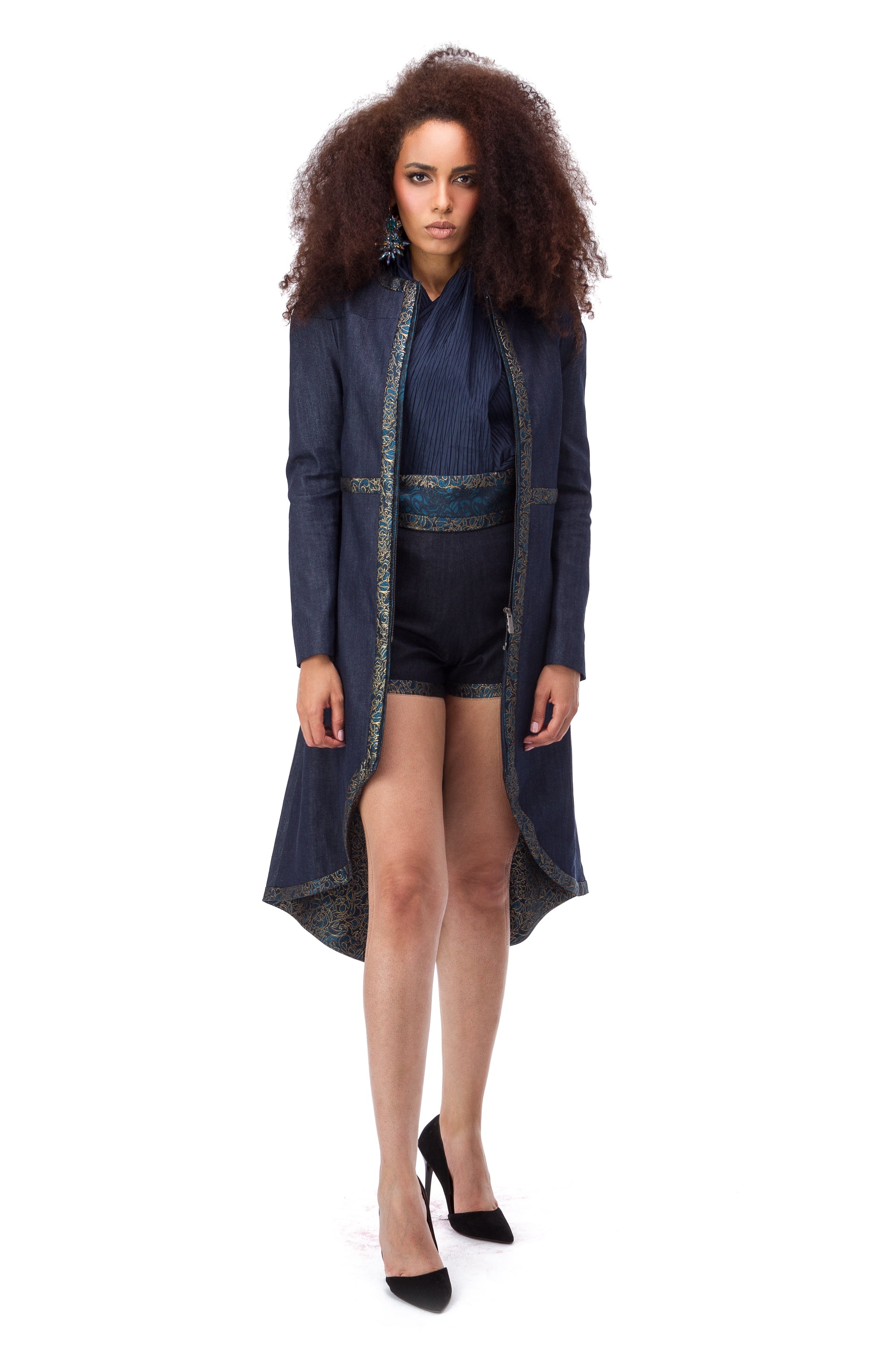 Blue denim coat with jacquard finish