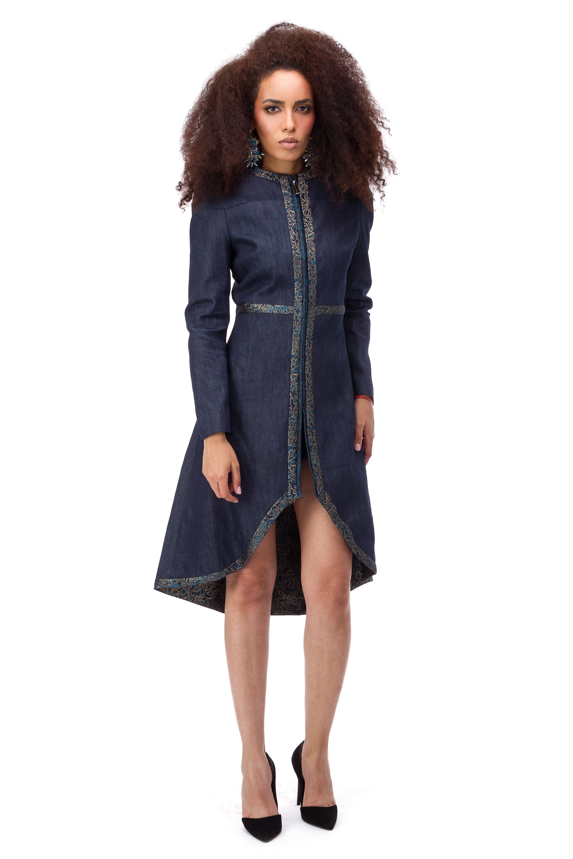 Blue denim coat with jacquard finish