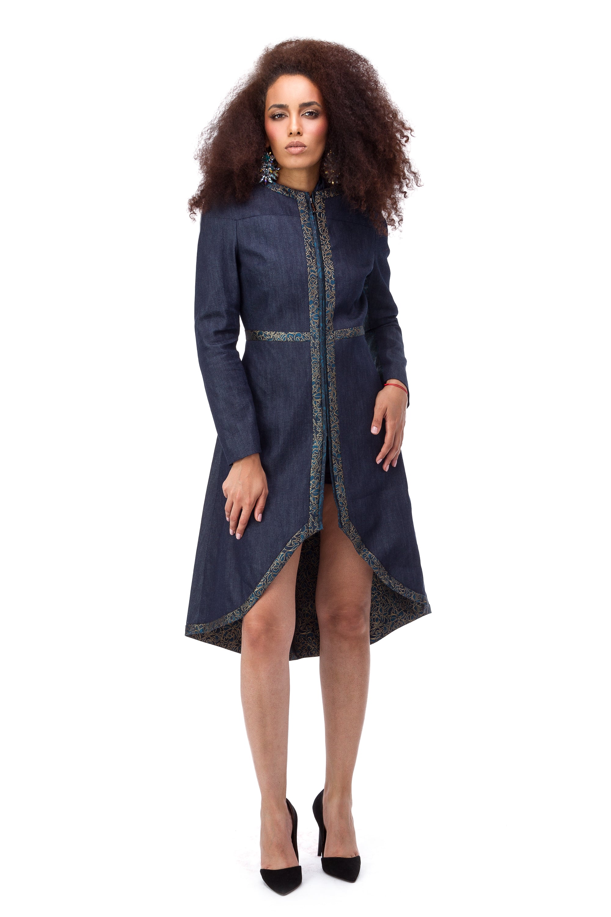 Blue denim coat with jacquard finish