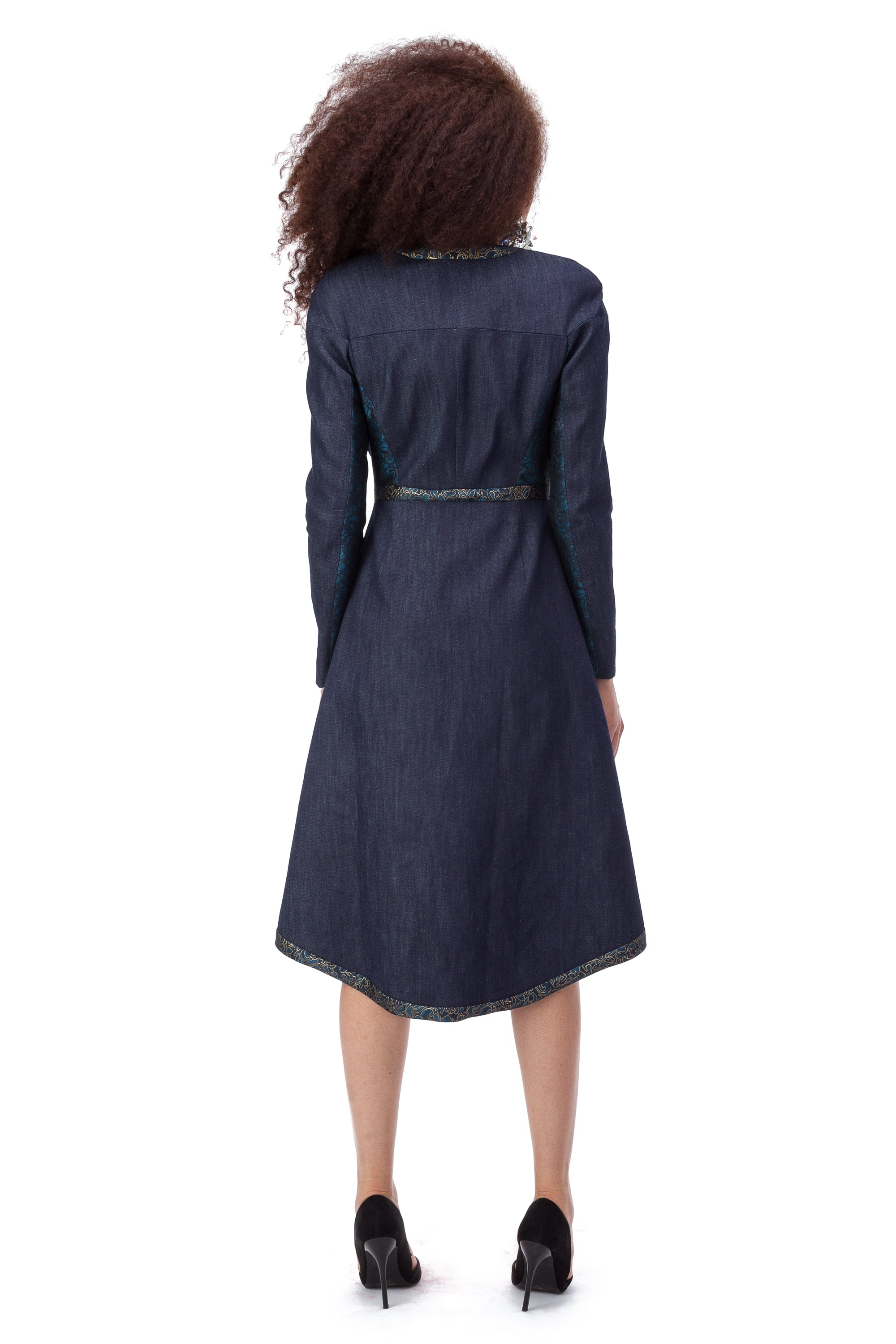 Blue denim coat with jacquard finish