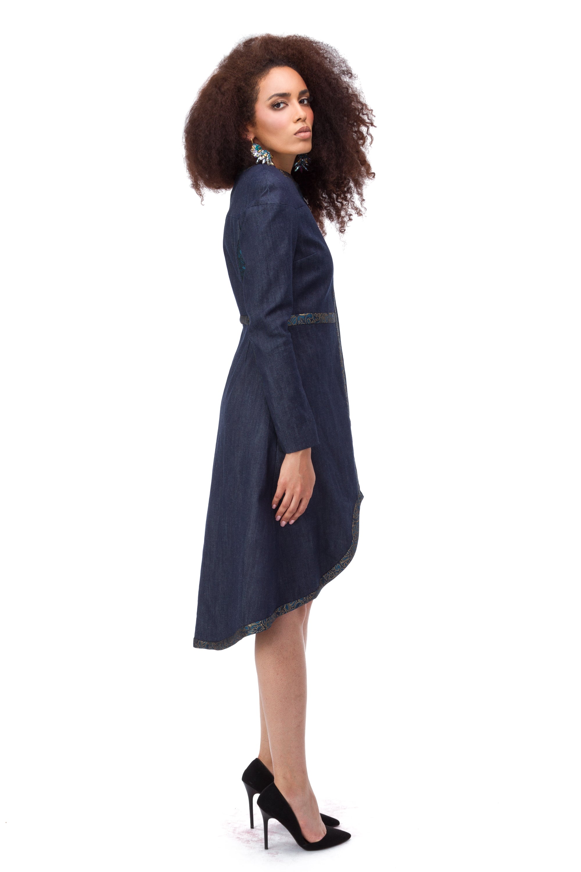 Blue denim coat with jacquard finish