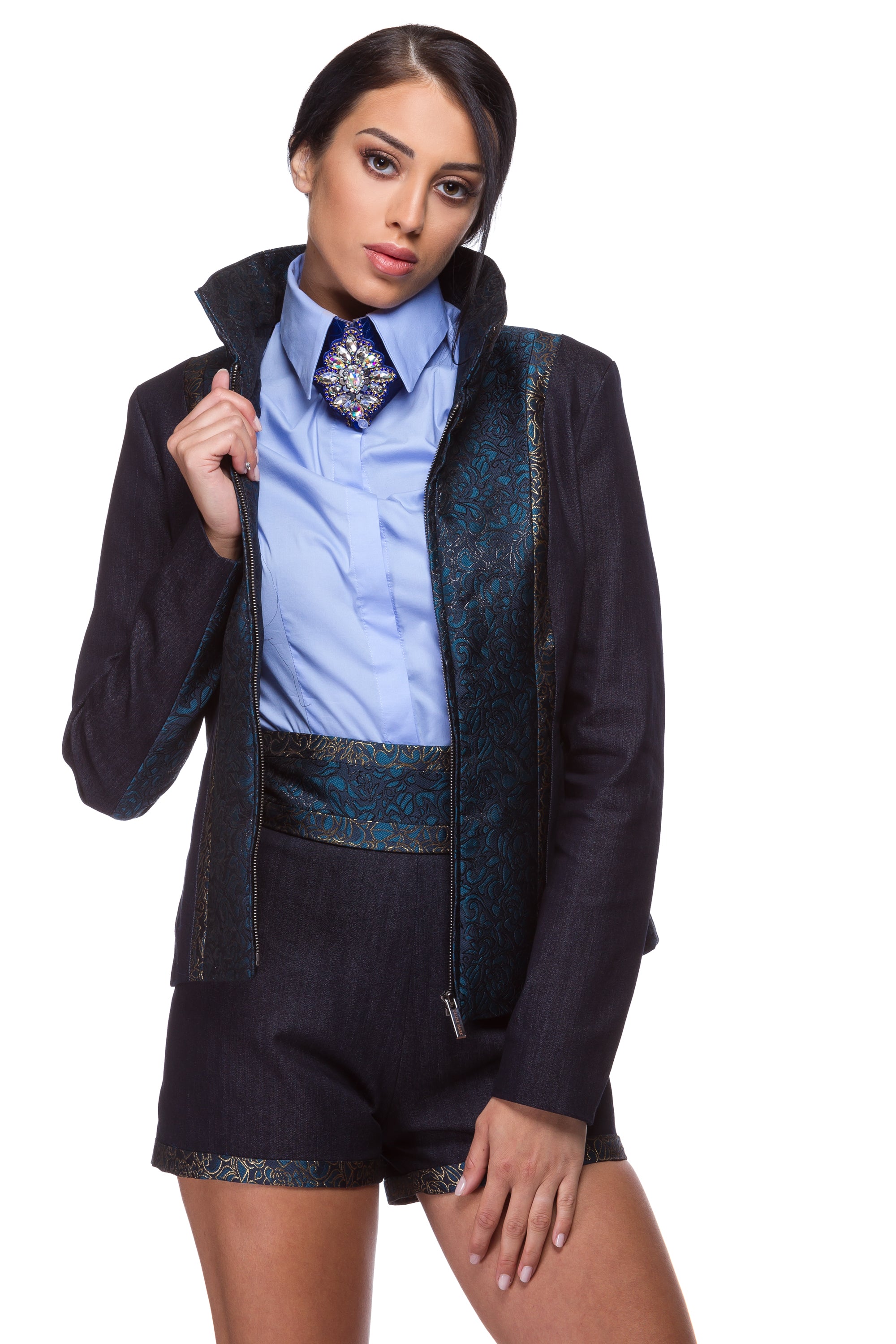 Denim jacket with a high jacquard collar WJK-0001