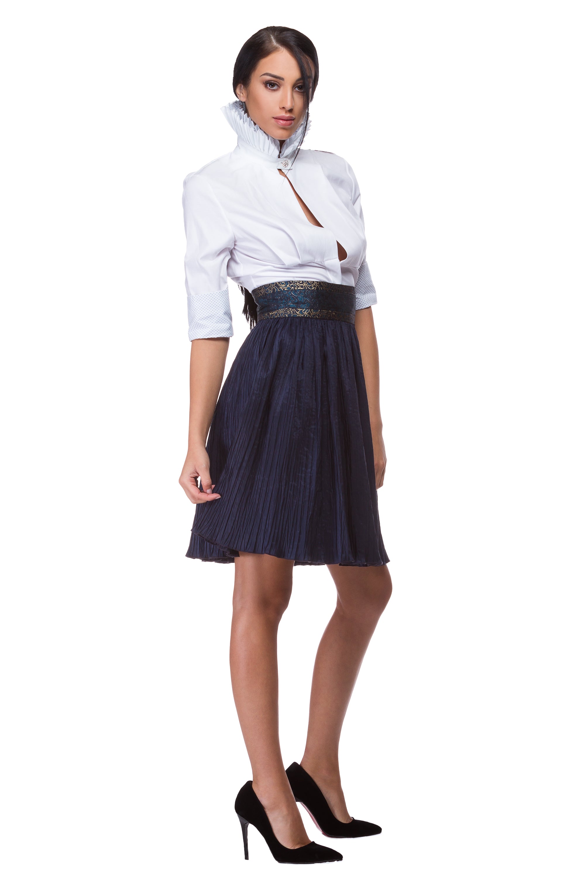 White half-sleeve cotton shirt with pleated high collar WSH-0004