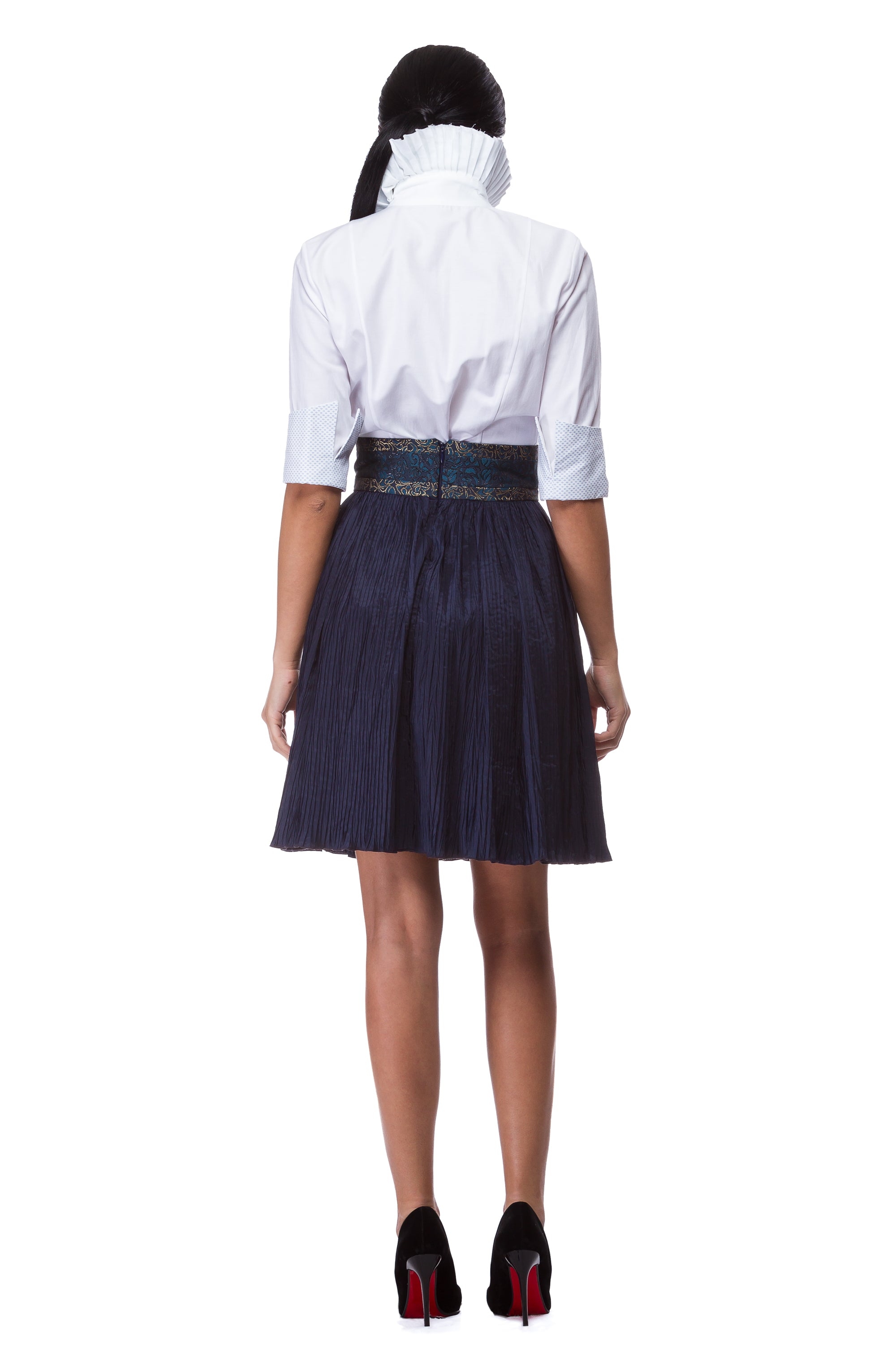 White half-sleeve cotton shirt with pleated high collar WSH-0004