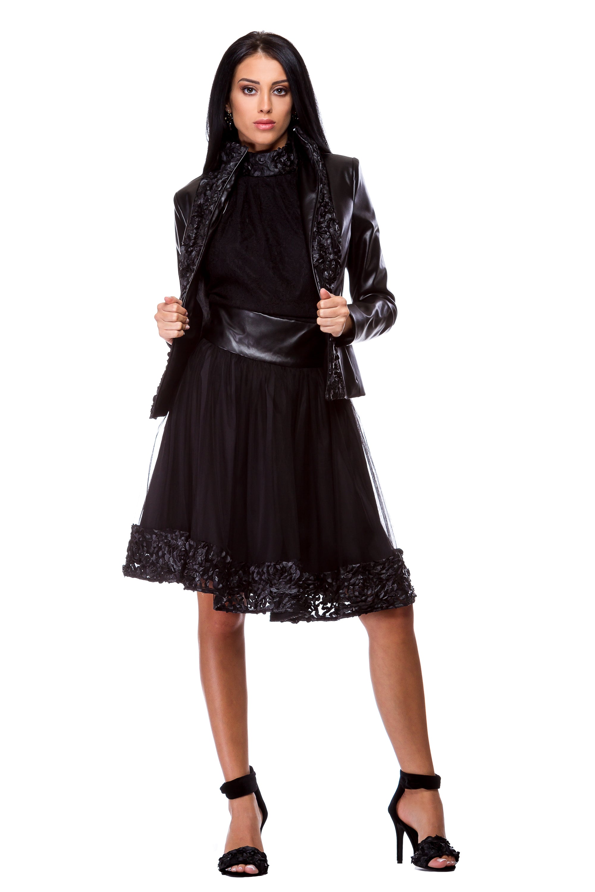 Eco-leather black jacket with leather flower decoration WJK-0006