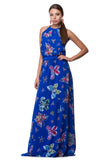 Long blue chiffon dress wit butterfly print WDR-0009