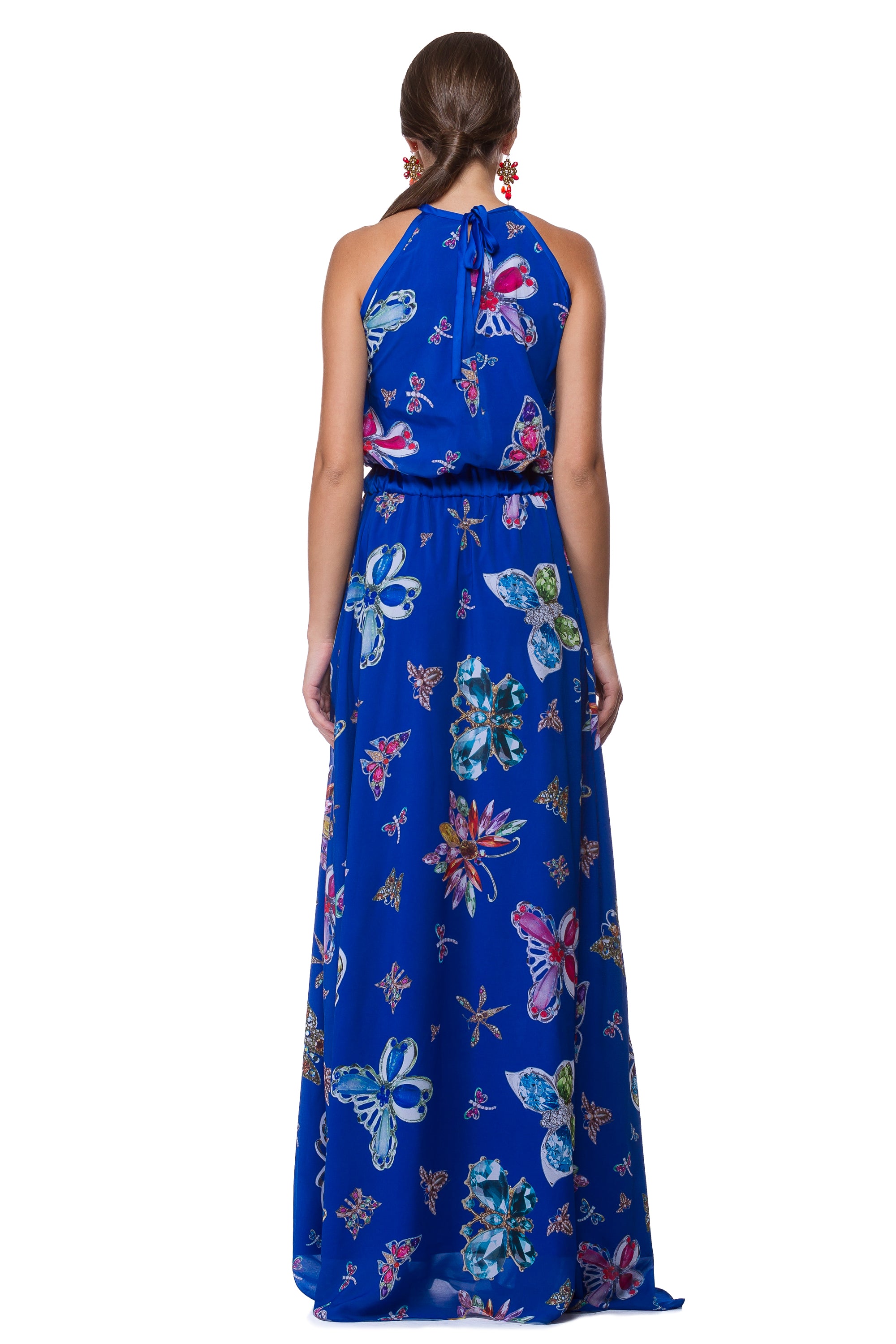 Long blue chiffon dress wit butterfly print WDR-0009