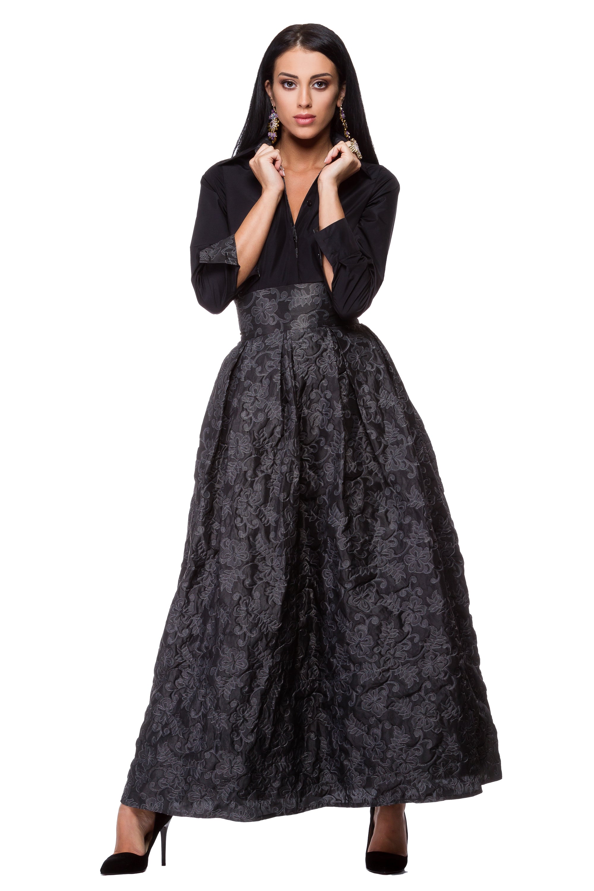 Gray embossed taffeta skirt WSK-0006