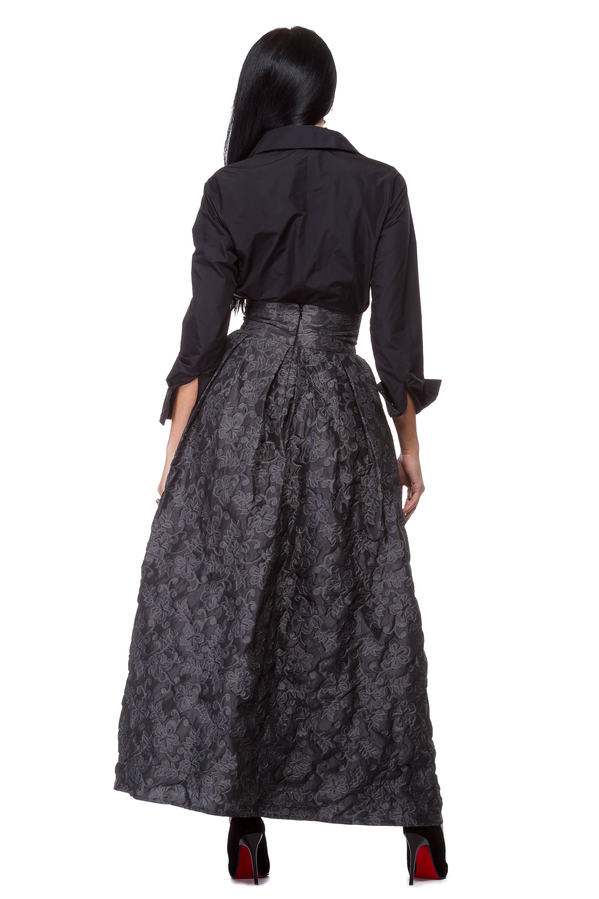 Black taffeta shirt with gray floral lining WSH-0007