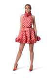 Regal High-Neck Ruffle Dress with Red Leather Belt