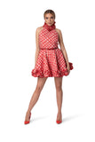 Regal High-Neck Ruffle Dress with Red Leather Belt