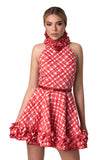 Regal High-Neck Ruffle Dress with Red Leather Belt