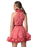 Regal High-Neck Ruffle Dress with Red Leather Belt