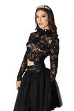 Black Brussels lace blouse with floral elements