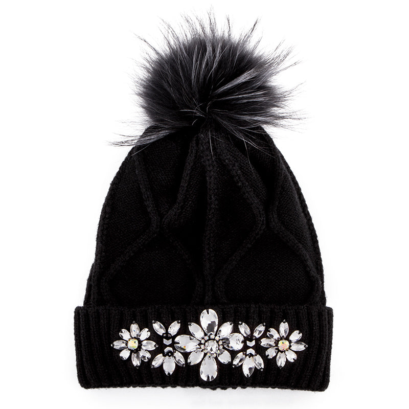 Black winter hat with fur and crystals
